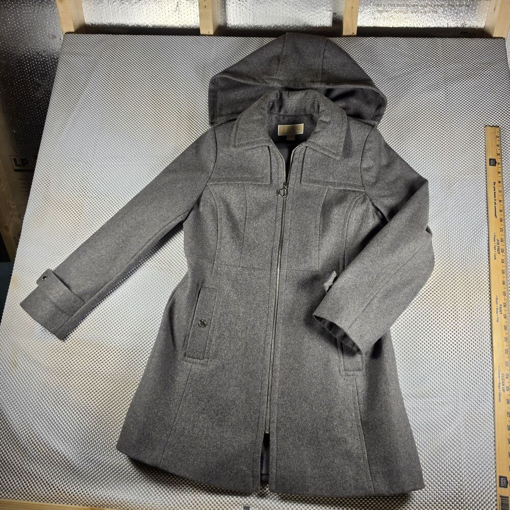 MICHAEL Michael Kors Wool Blend Hooded Coat Women's M Gray Zip Front